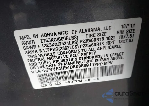 2013 Honda Pilot Ex-L from USA, damaged, VIN 5FNYF4H54DB008991
